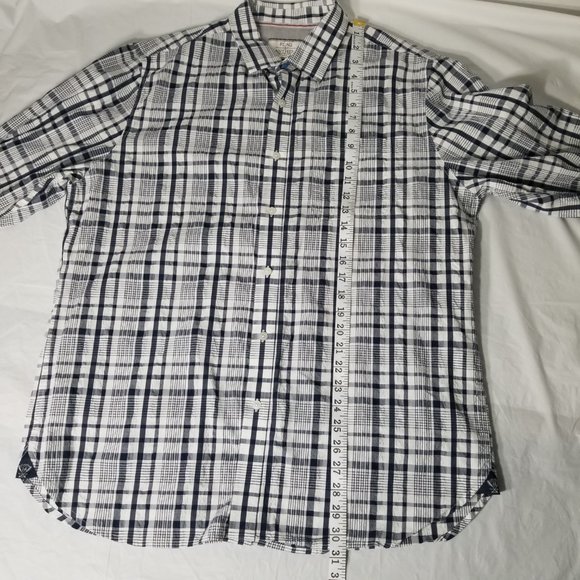 Flag & Anthem Mens XL Plaid Pattern Navy Blue White Button Down Shirt Pocket - Picture 14 of 16